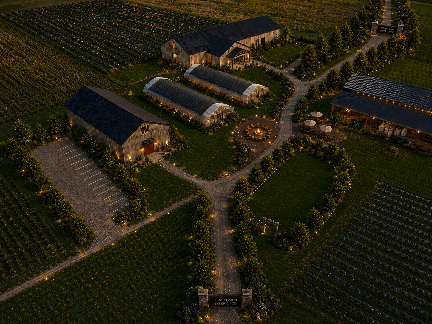 Aerial view of the Black Barn farm at dusk showing barns, greenhouses, and surrounding hemp fields